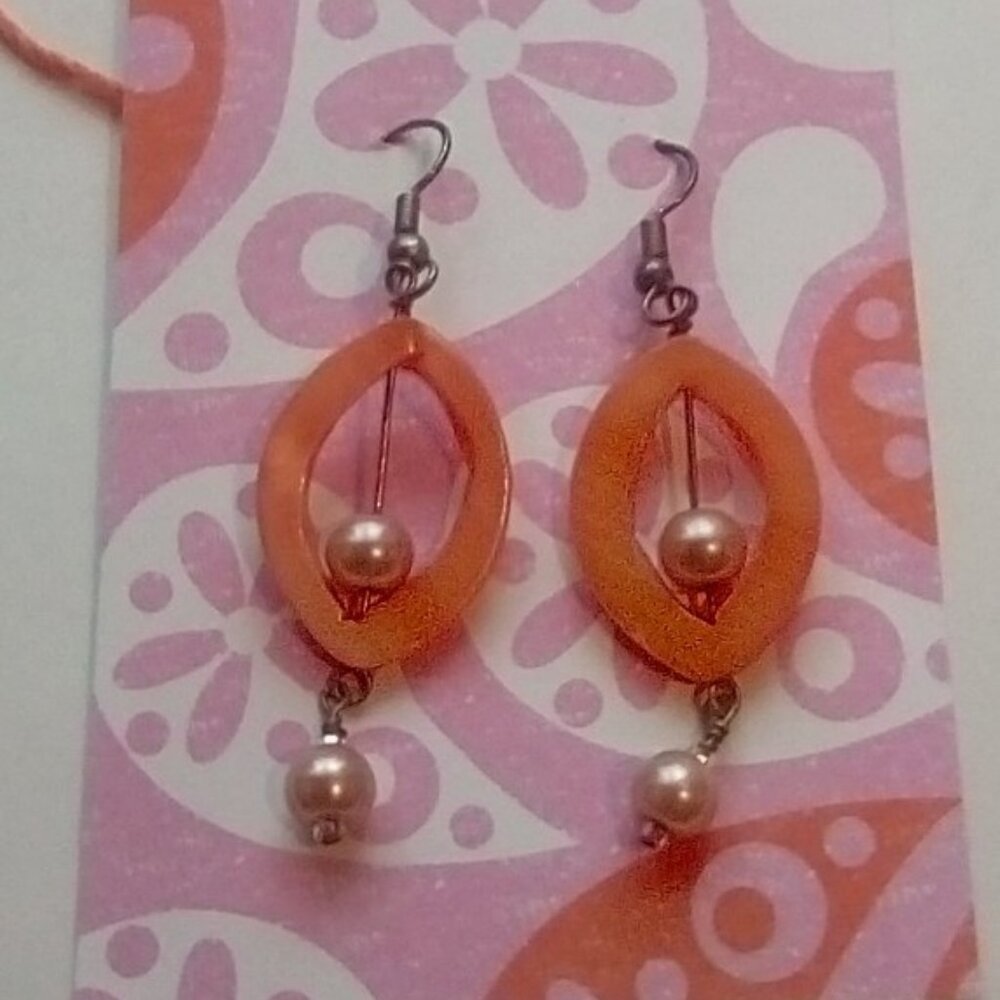 Orange Dangle Earrings Long Boho Style Acrylic with Faux Pearls Shepherd's Hook